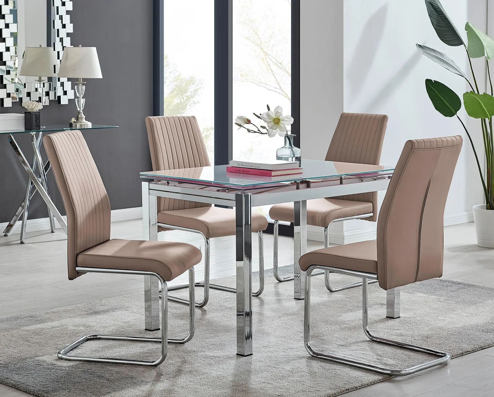 FurnitureboxUK Enna White Glass Extending 4-6 Seater Dining Table & 4 Lorenzo Faux Leather Chairs in Beige 1
