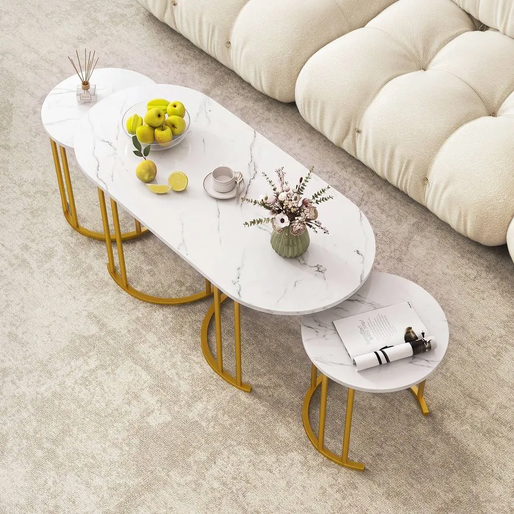 Costway 3PCS Nesting Coffee Table Set 110cm Coffee Table w/ 2 Side Tables in White 5