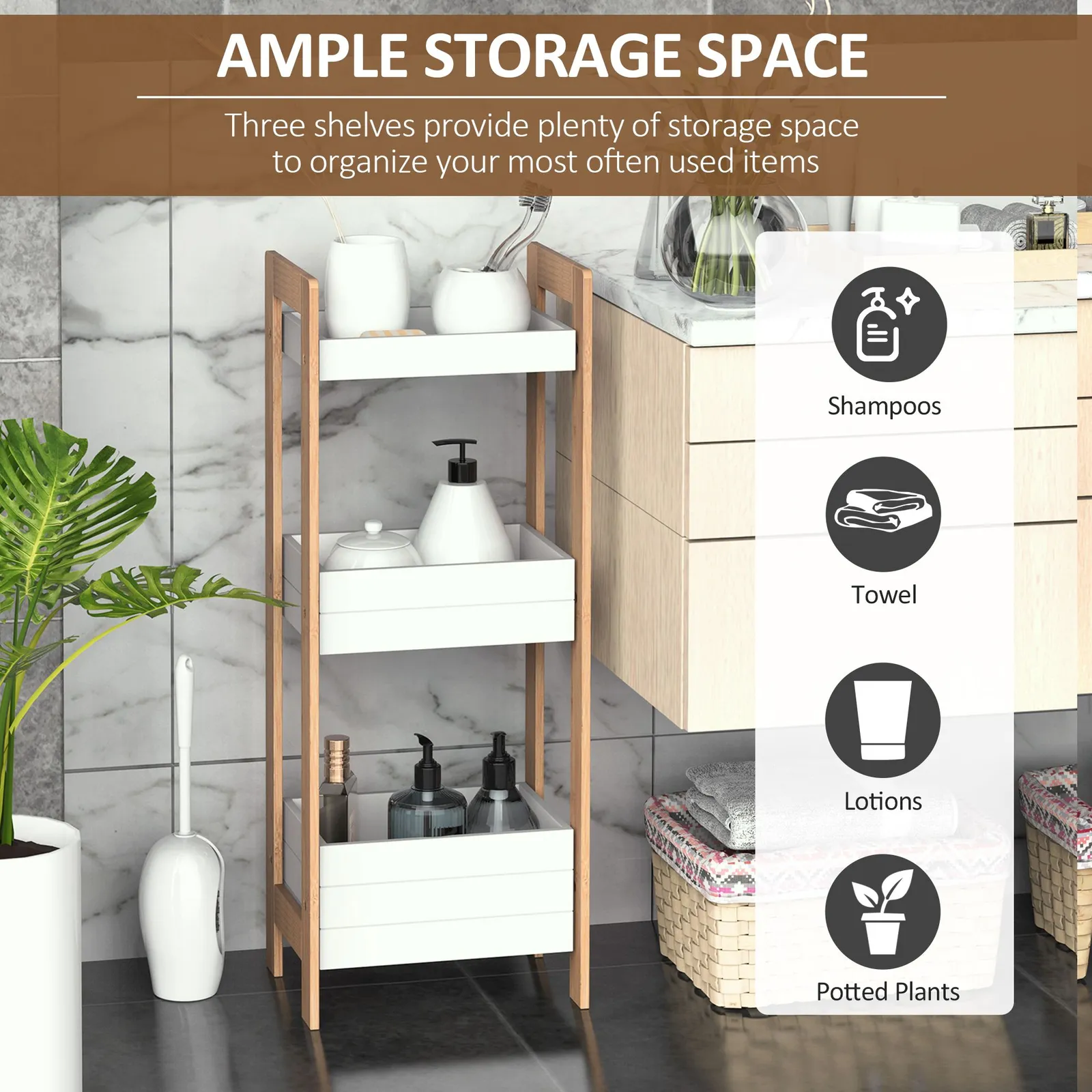 HOMCOM 3 Tier Shelf Storage Bamboo Cupboard Standing Unit Rack Organizer in White 5
