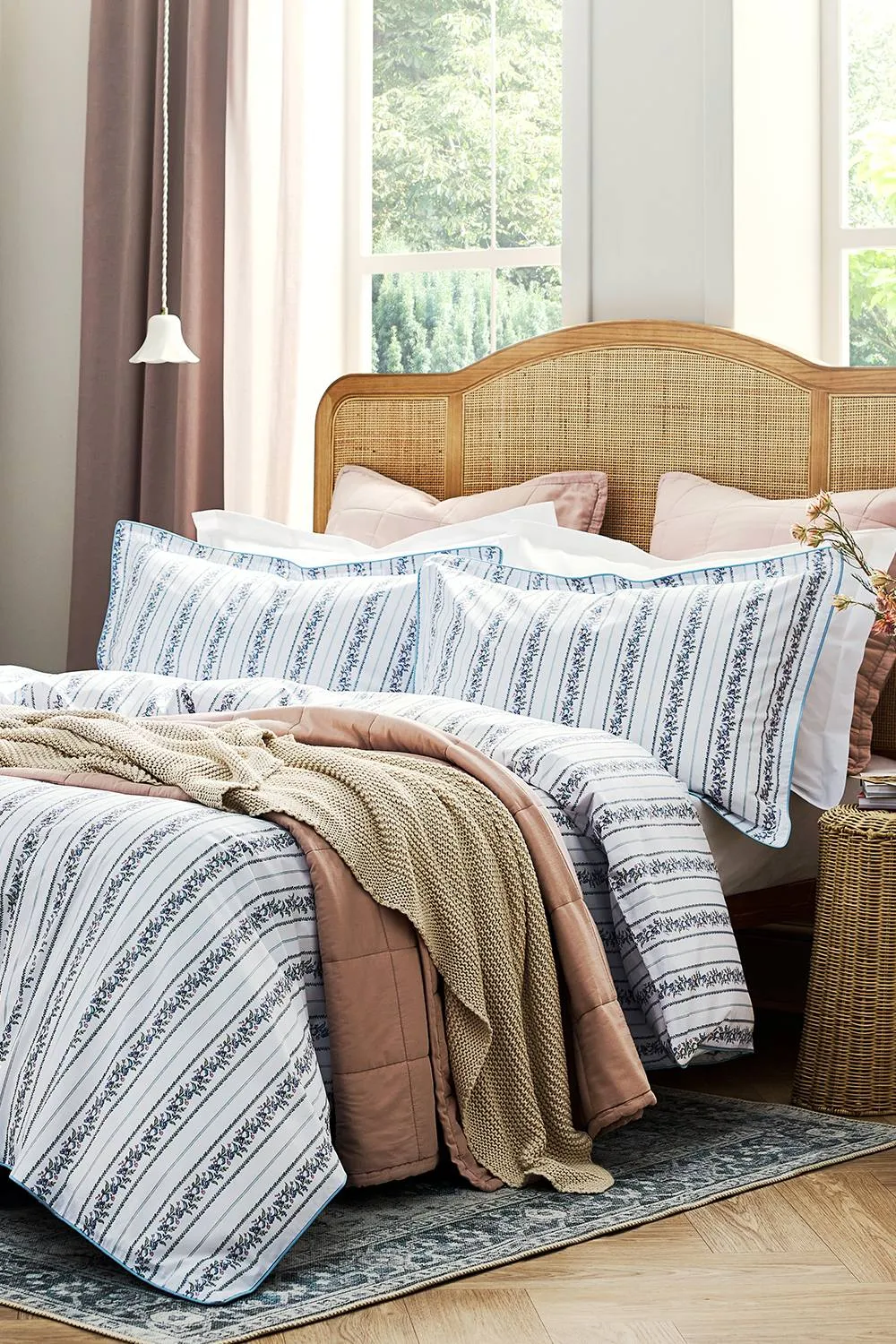 CHRISTY 'Clara' Jacobean Floral Striped Percale Duvet Cover Set in Blue