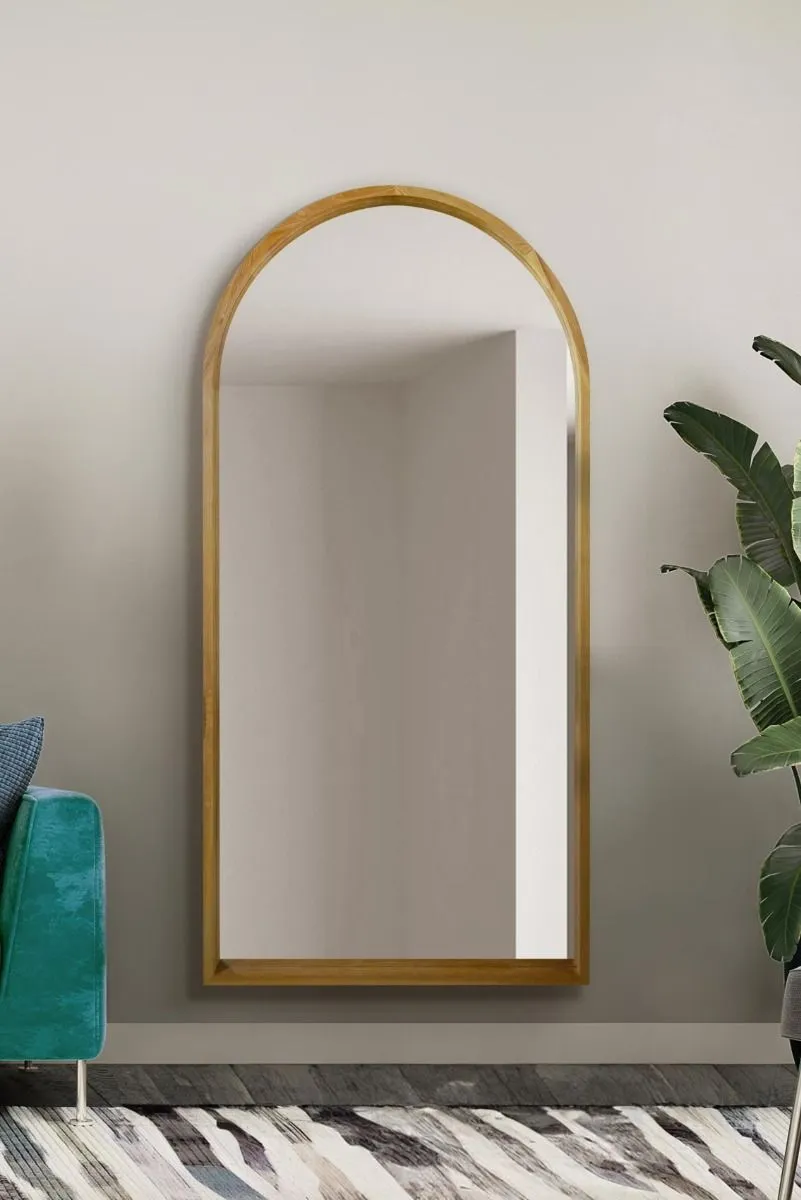 MirrorOutlet Solid Oak Framed Arched Leaner / Wall Mirror 71" X 35" (180CM X 90CM) in Beige 2