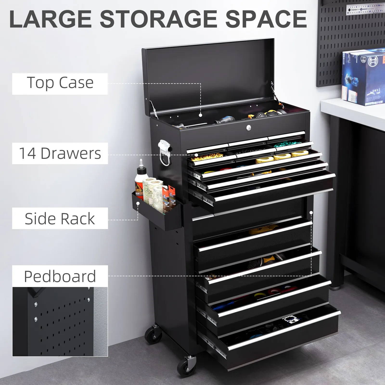 HOMCOM Rolling Tool Cabinet on Wheels with 14 Drawers, Pegboard & Side Rack, Lockable Top Tool Chest & Roller Cabinet Combo for Workshop & Hom 4