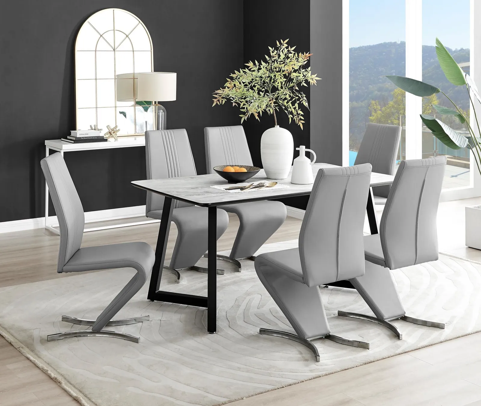 FurnitureboxUK Carson White Marble Effect Dining Table & 6 Willow Chairs in Grey 1