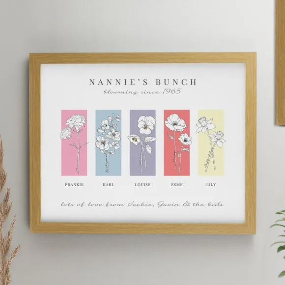Personalised Birth Flower Family of 5 Framed Print 1