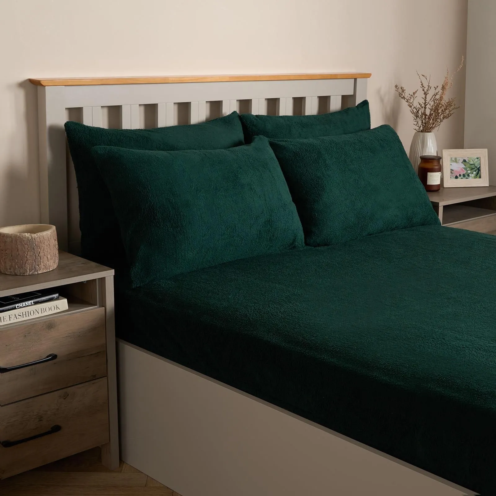 OHS 4 Pack Teddy Fleece Pillowcase Cover Bedding Set Thermal in Dark Green