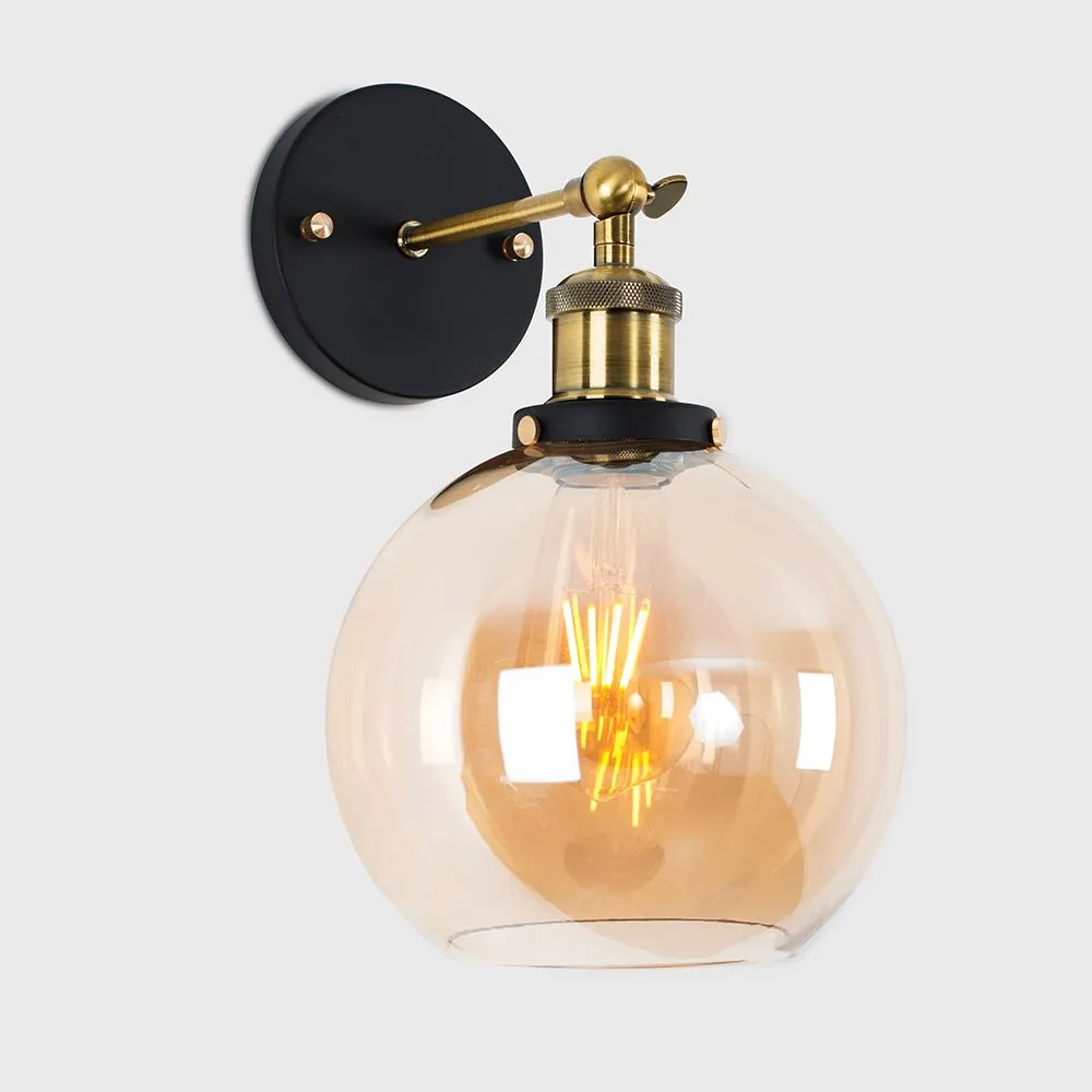 ValueLights Sheridan Pair of Industrial Clear Glass Bowl Gold Trim Black Wall Lights & LED Bulbs in Orange 1