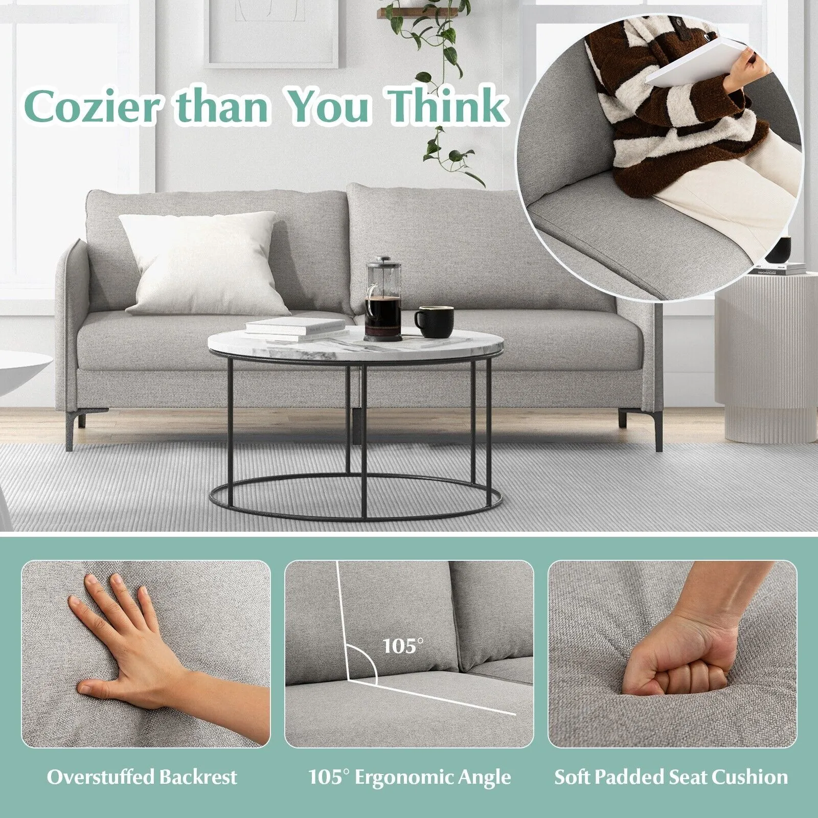 Costway Modern Loveseat Sofa Couch Upholstered Sofa Couch with Armrest Sturdy Metal Legs in Grey 4