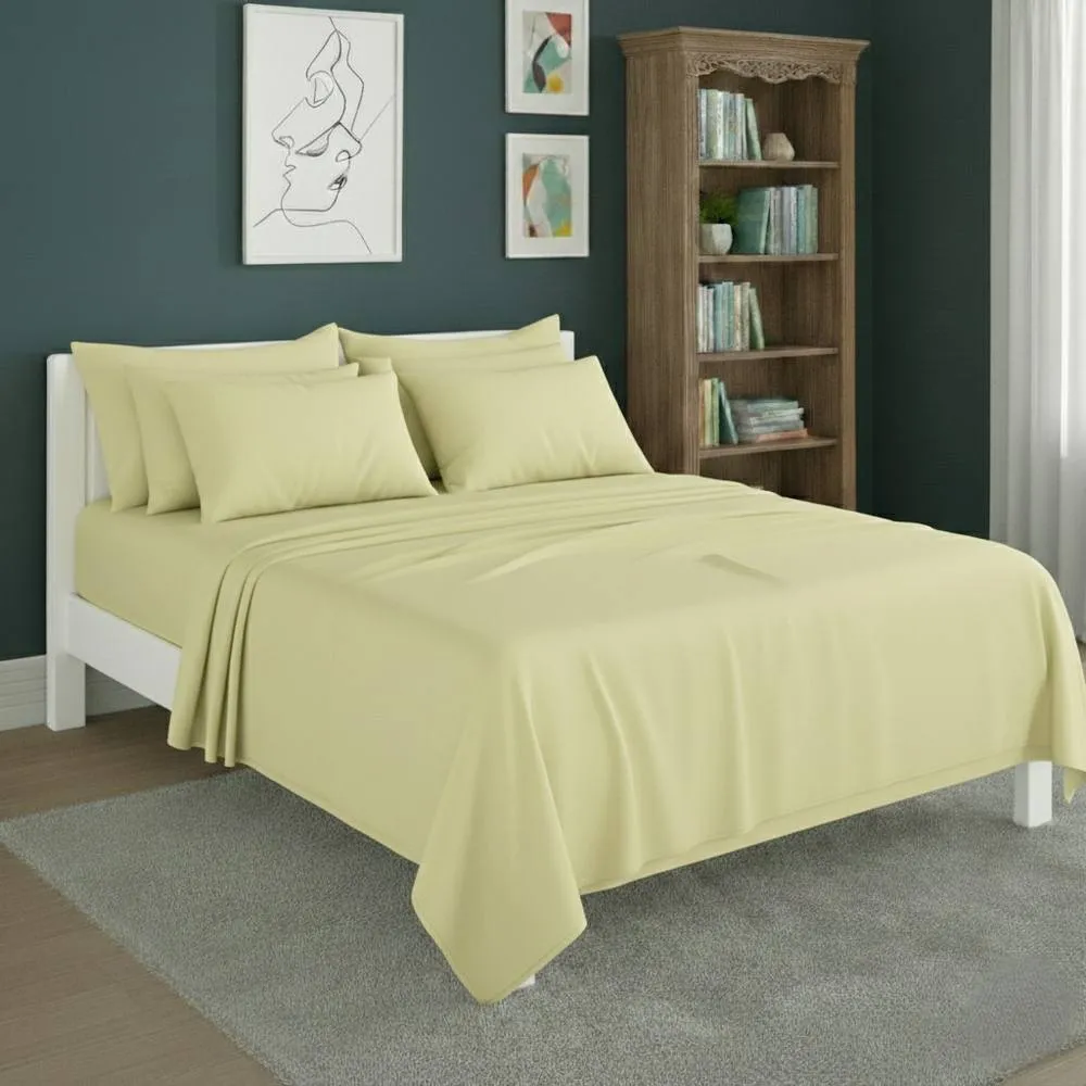 Snug City Plain Poly Cotton Easy Care Fitted Flat Sheet Matching Pillowcases Set in Lemon