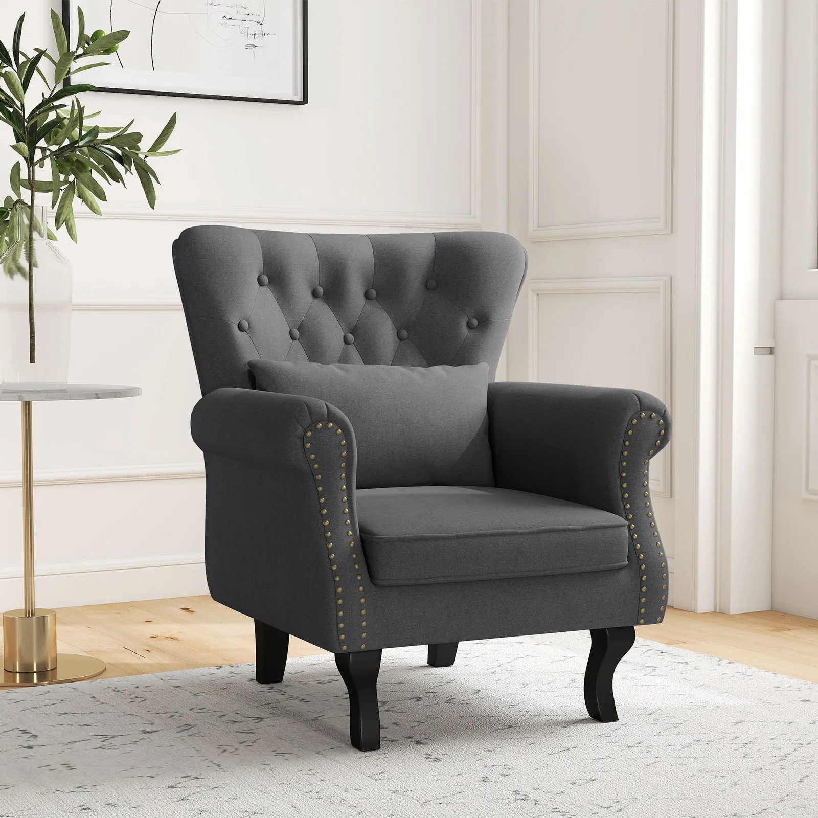 HOMCOM Chesterfield style Accent Chair Tufted Wingback Armchair with Pillow in Dark Grey