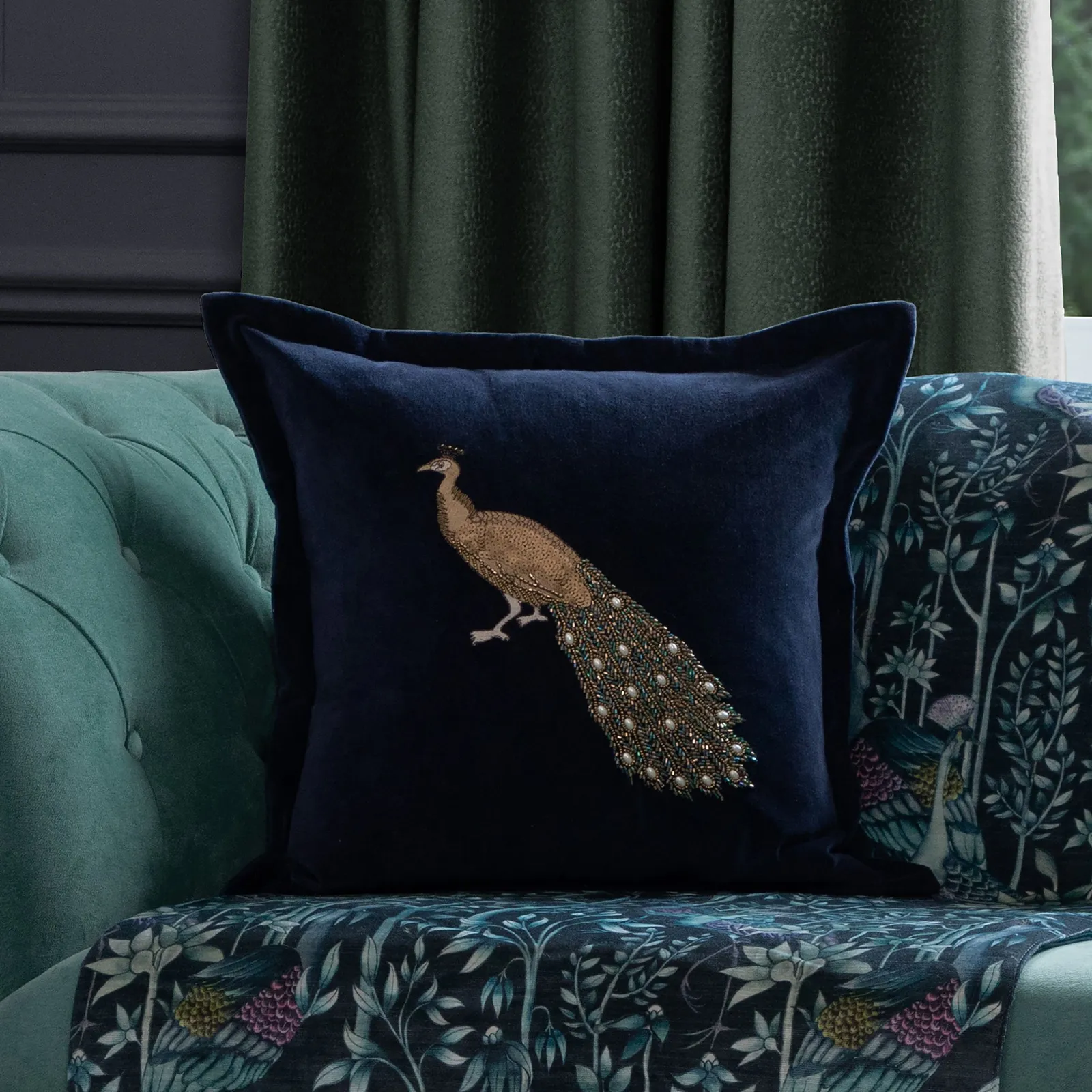 Voyage Maison Mayura Peacock Embellished Velvet Cushion in Midnight 1