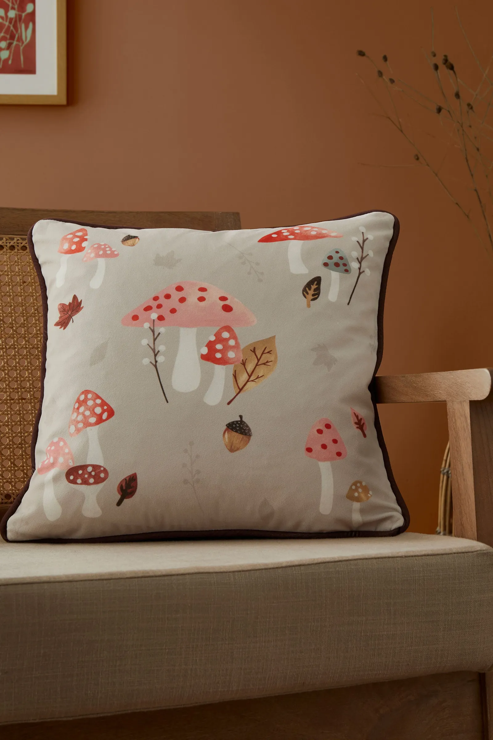 Fusion 'Woodland Dreams' Autumnal Print Velvet Filled Cushion in Chocolate