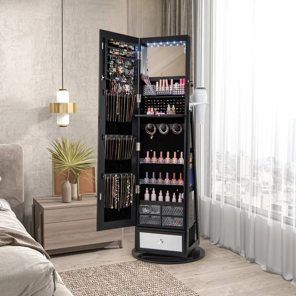 Costway 4 iN 1 Swivel Jewelry Cabinet Lockable Jewelry Armoire-Black in Black 4