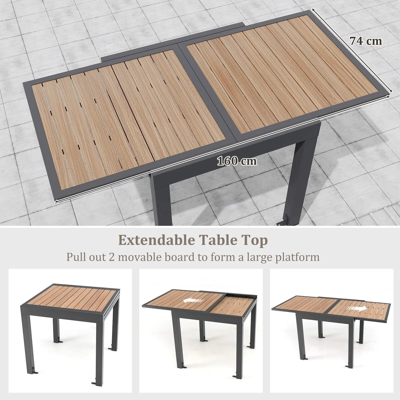 Costway 4-6 People Extendable Patio Dining Table Wood-like Rectangular Aluminum Table in Brown 5