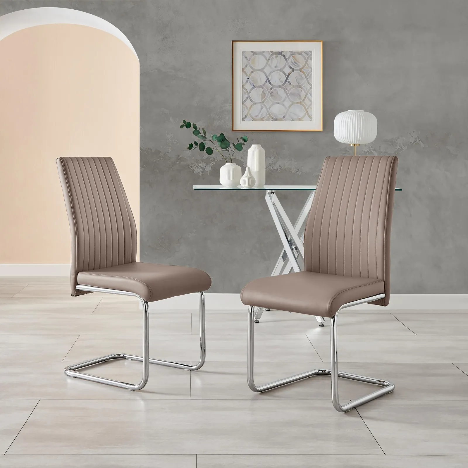 FurnitureboxUK 2x Lorenzo Faux Leather Chrome Dining Chairs in Beige 2