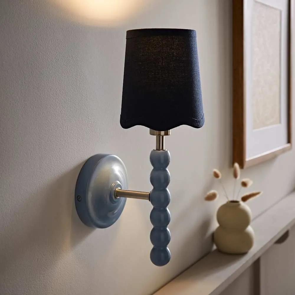 ValueLights Bobbins Pair of Blue Wall Lights & Navy Blue Linen Trim Lamp Shades in Pale Blue 2