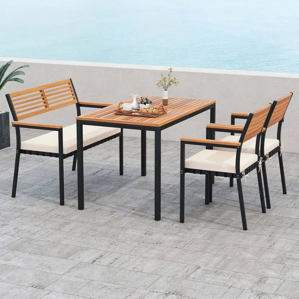 Costway 4-Piece Patio Dining Set Outdoor Wood Metal Furniture-White in White