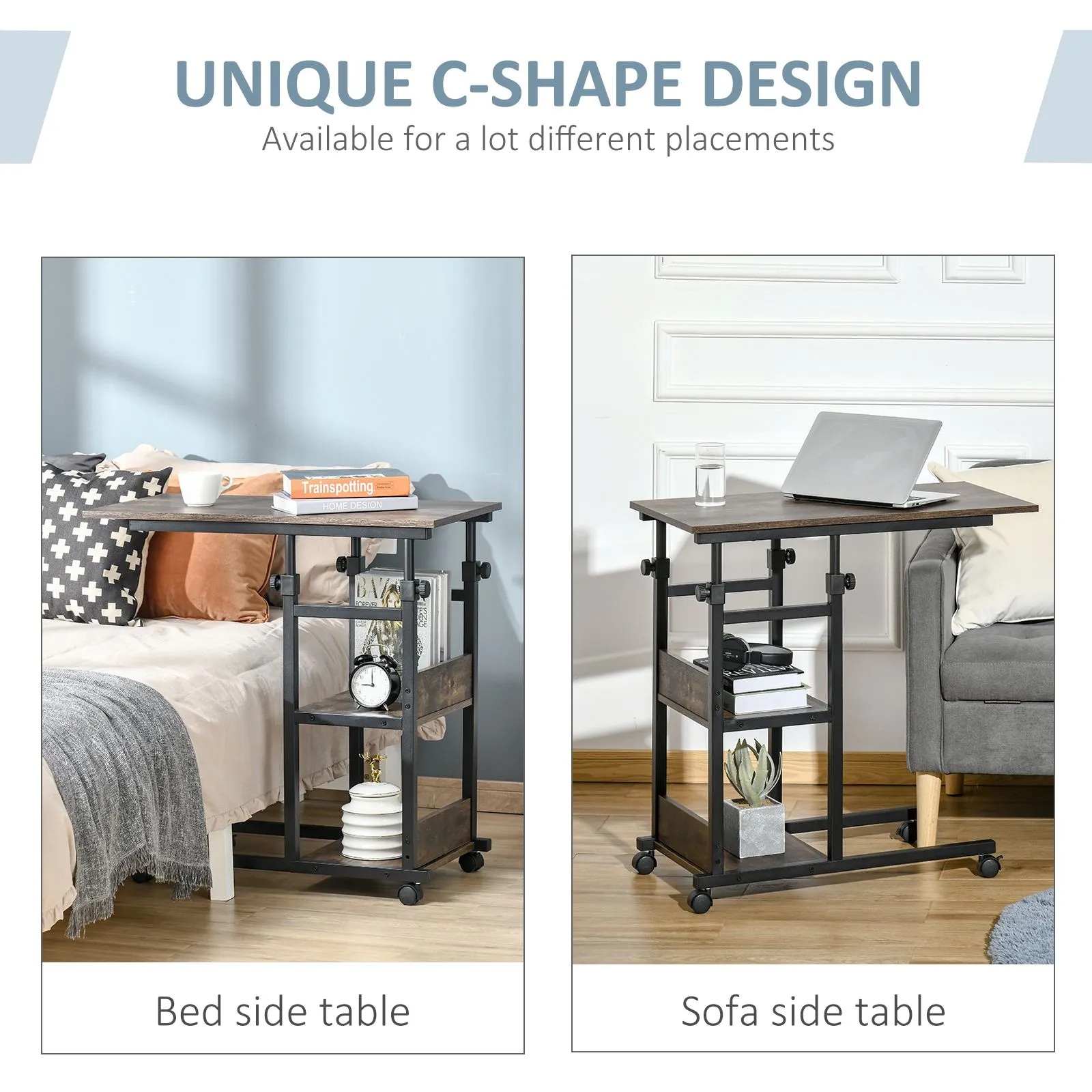 HOMCOM C-Shaped Mobile Sofa Bed Side Table Adjust Height 3-Tier Cart w/ Casters, Brake in Brown 4