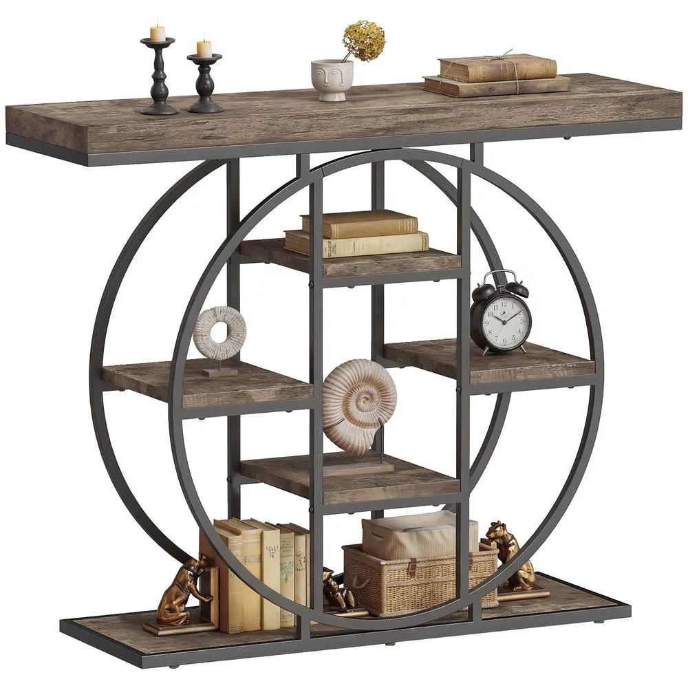 HOMCOM Industrial Console Table, Hallway Table with Storage Shelves in Brown
