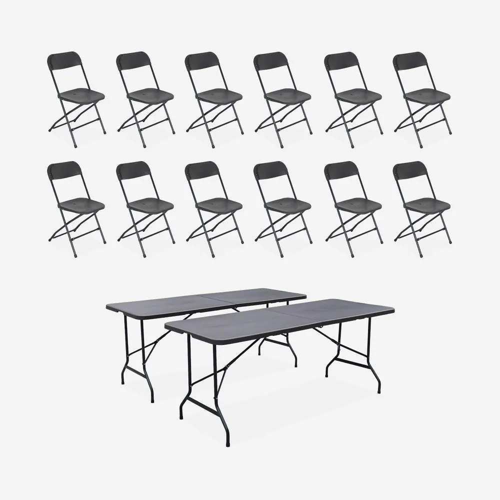 sweeek Pair of folding plastic reception tables with 12 chairs in Dark Grey 3