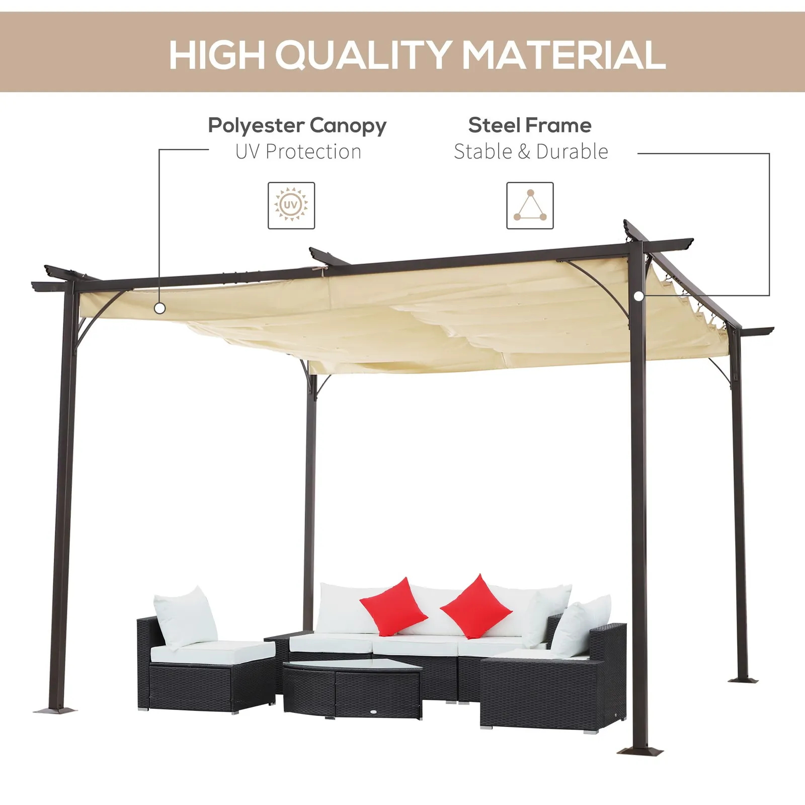 OUTSUNNY 3.5 x 3.5M Steel Pergola Gazebo Backyard Porch Awning Retractable Canopy in Beige 4