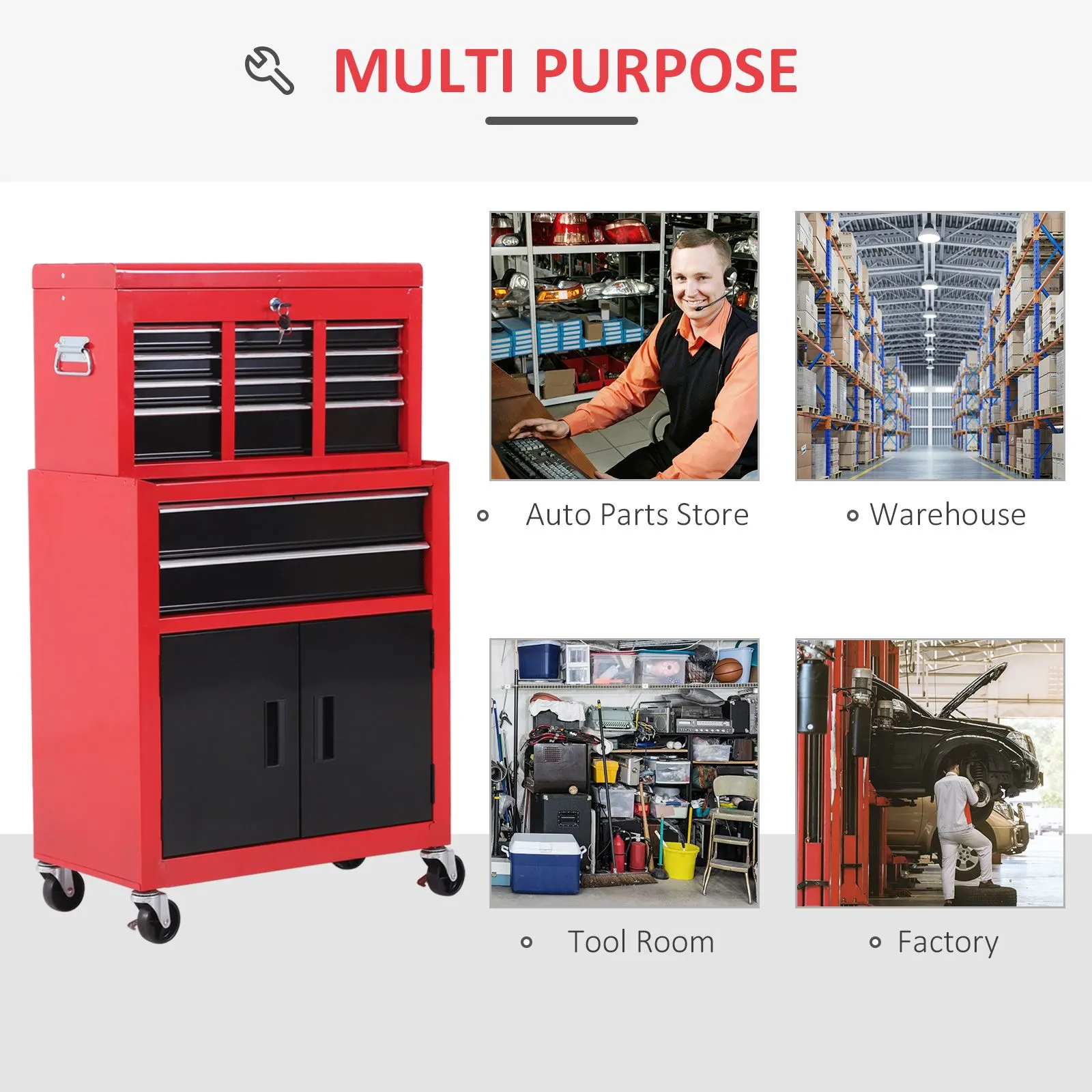 HOMCOM Portable Toolbox Tool Top Chest Box Rollcab Roll Cab Cabinet in Red 6