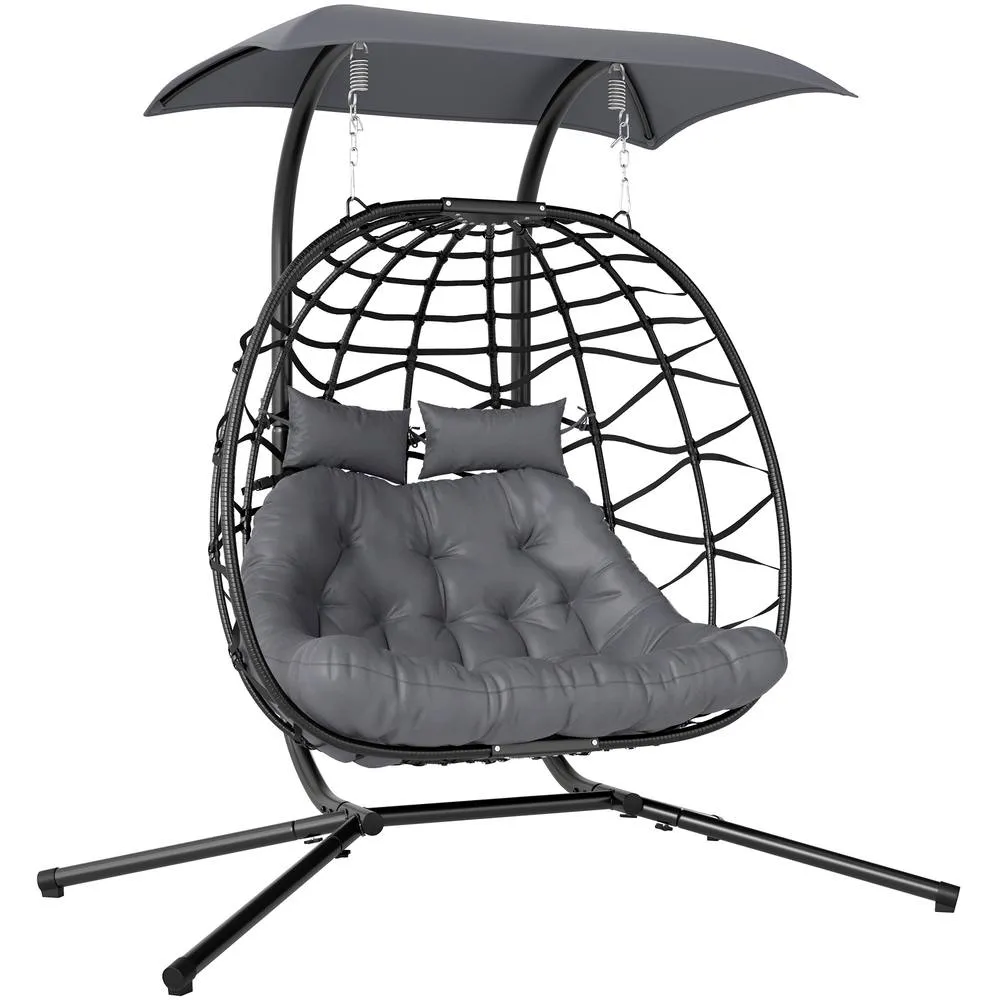 OUTSUNNY Rattan Double Hanging Egg Chair with Canopy, Cushion, Black 2