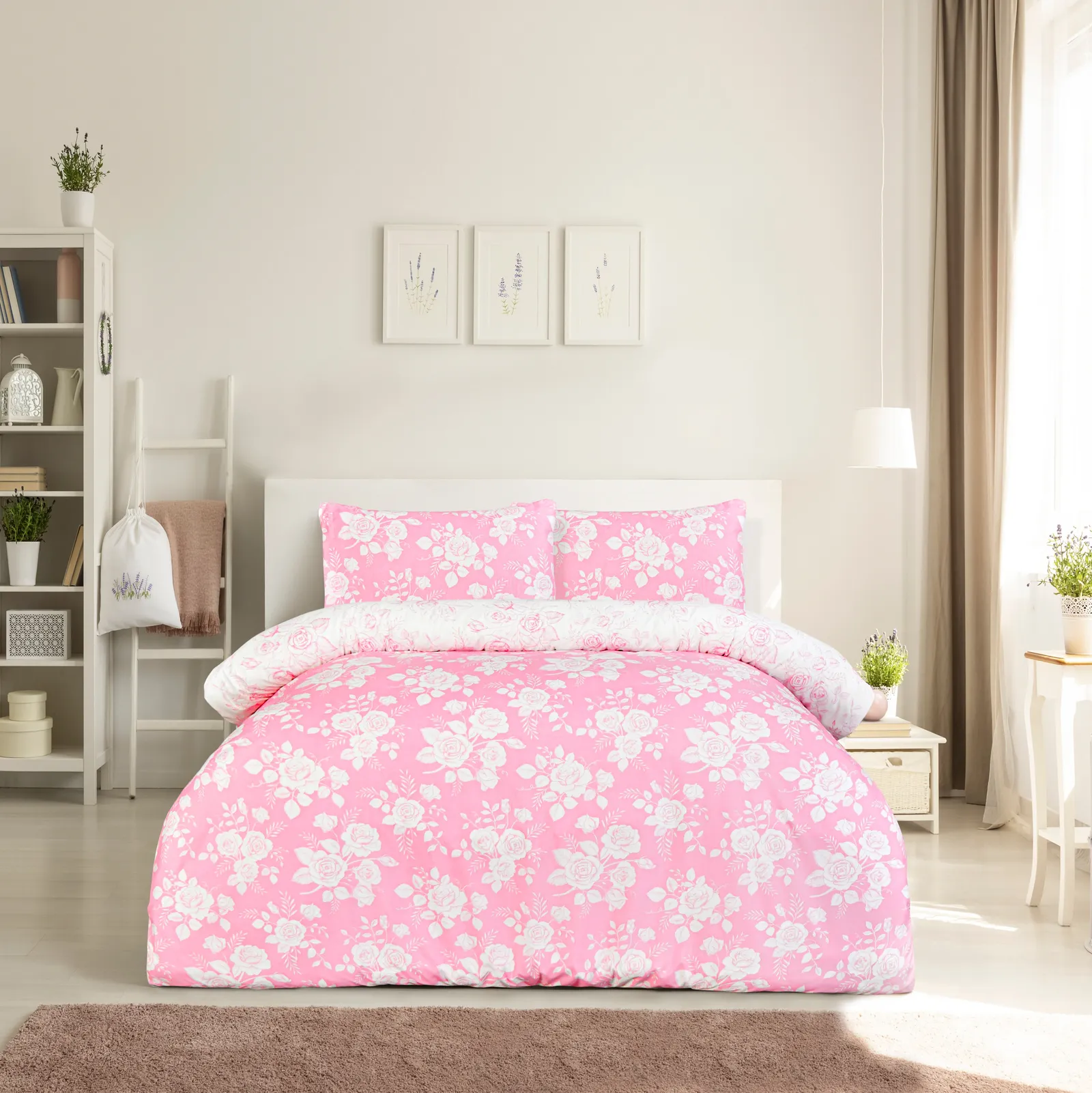 Smart Living Luxury Super Soft Reversible Floral Toile Duvet Cover with Pillowcase in Pink 2