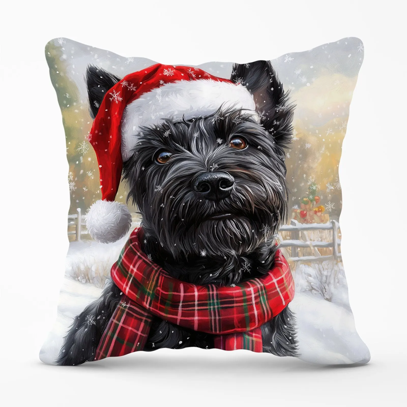 Warren Reed - Designer Christmas Scottish Terrier Cushion in Black