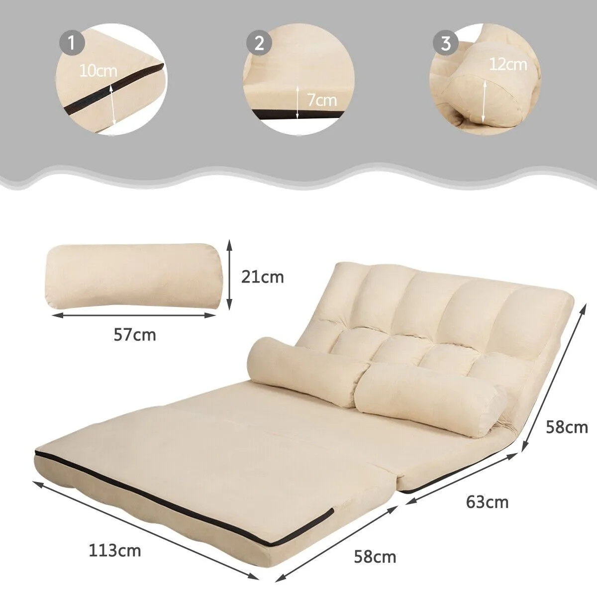 Costway 3 IN 1 Folding Lazy Sofa Bed Floor Sleeper Seat 6-Position Adjustable 2 Pillows in Beige 5