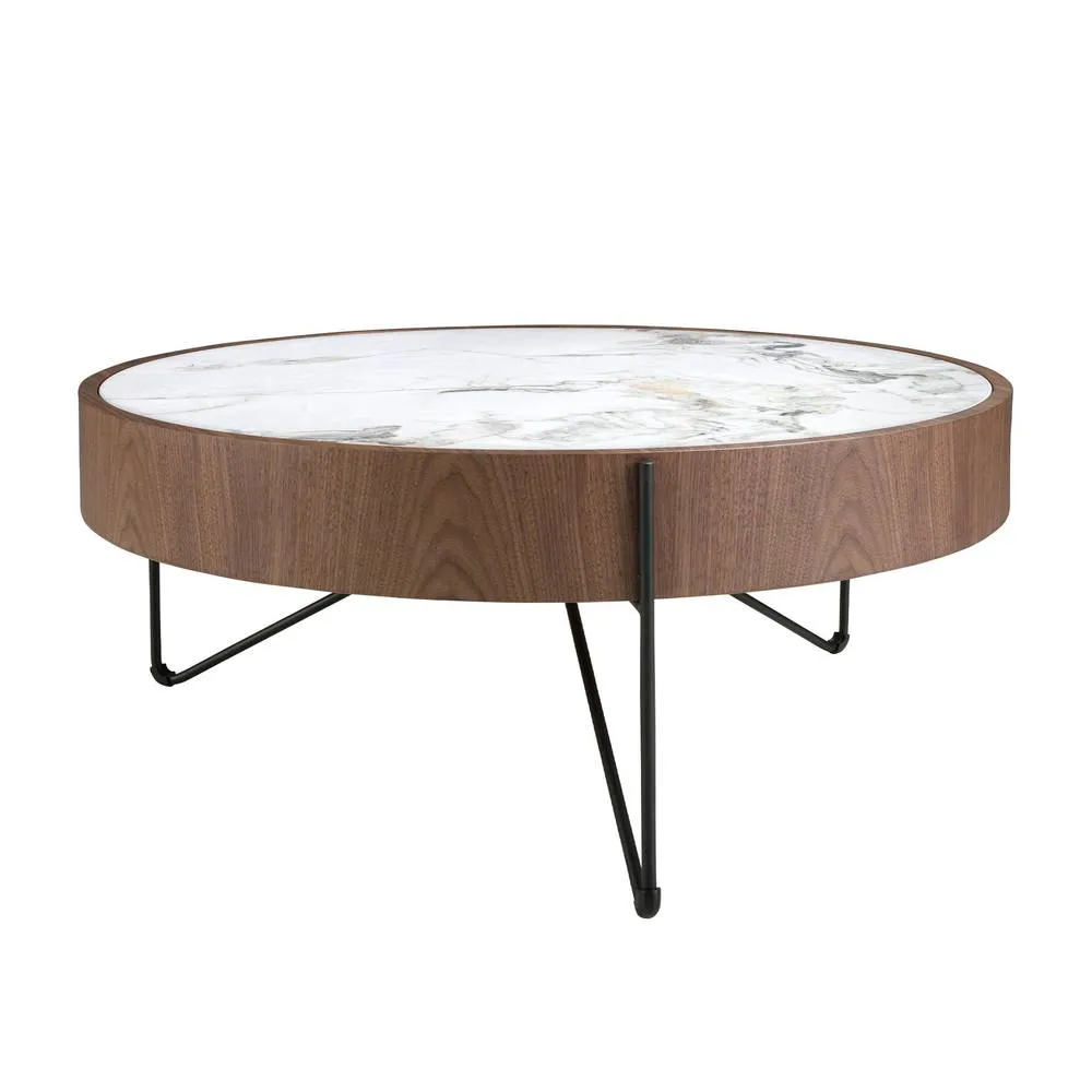 Angel Cerda Round Coffee Table Porcelain Marble Top & Walnut in Warm White 2