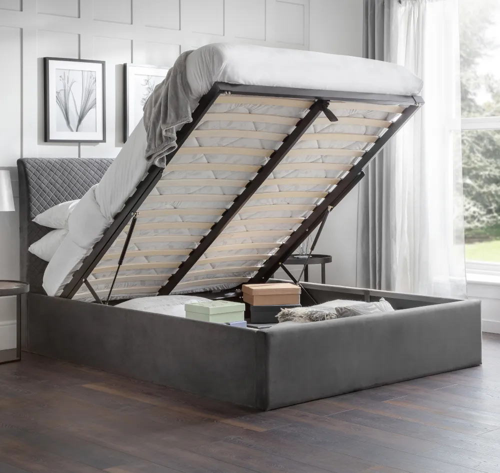Sanderson Grey Velvet Ottoman Storage Bed Frame - 6ft Super King Size