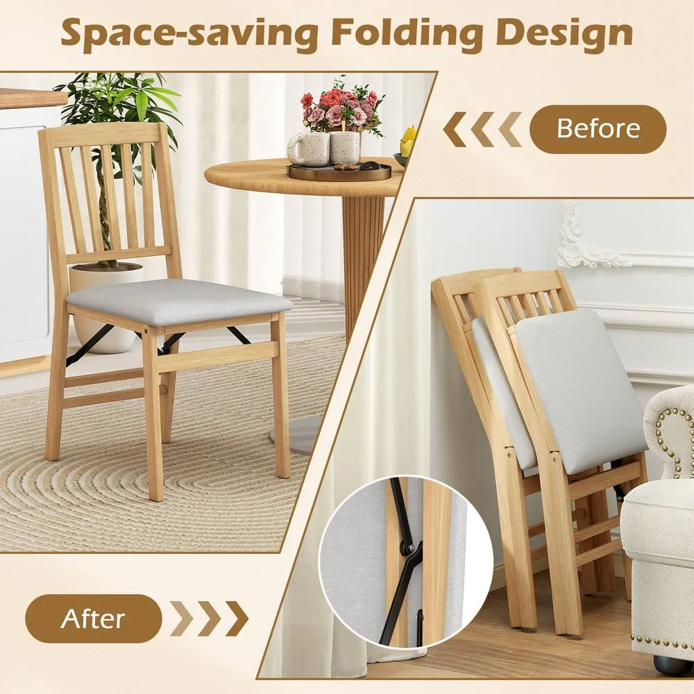 Costway Dining Chair Set of 2 Folding Chairs with Padded Seat in Natural 2