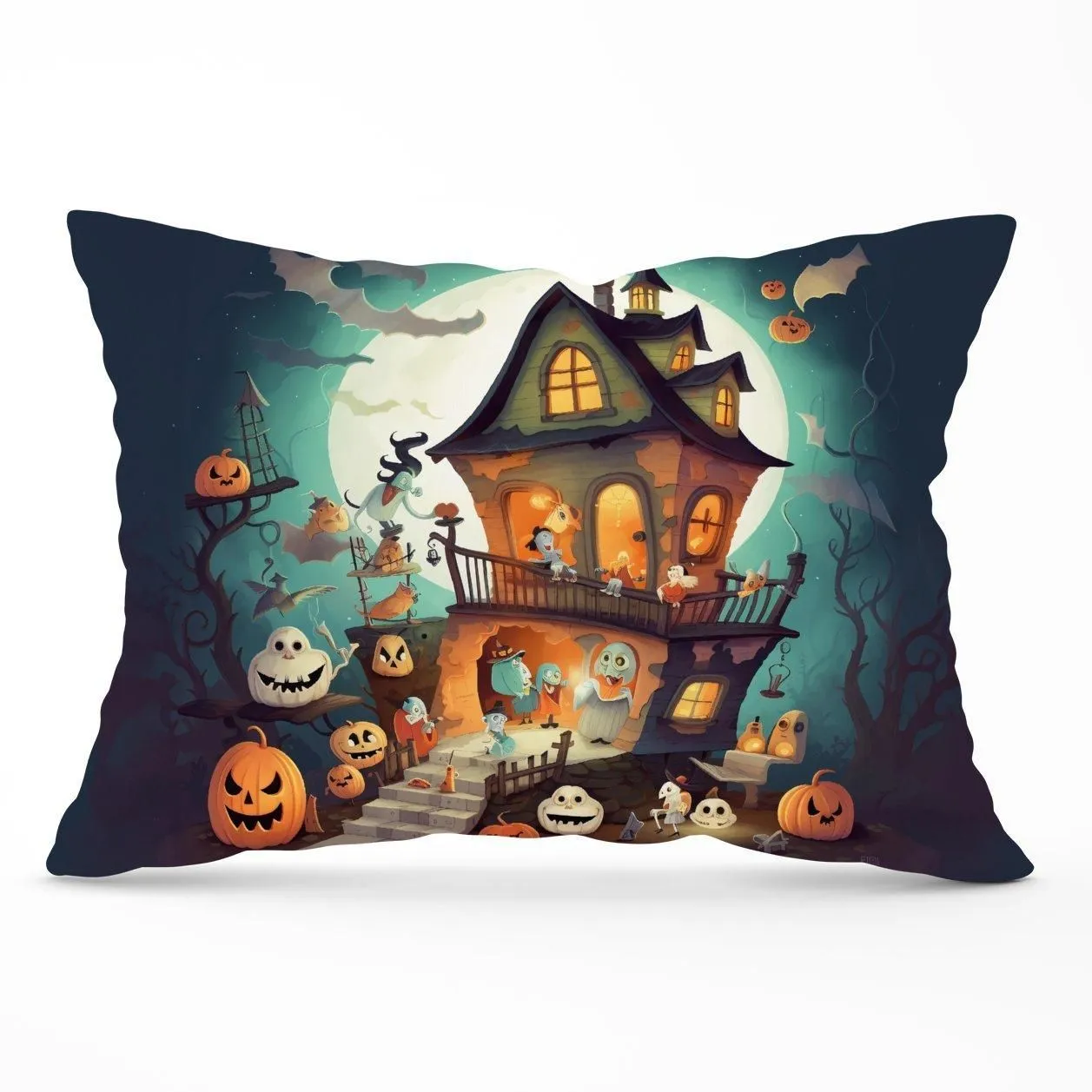 Warren Reed - Designer Illustrations A Whimsical Haunted House Cushions in Orange