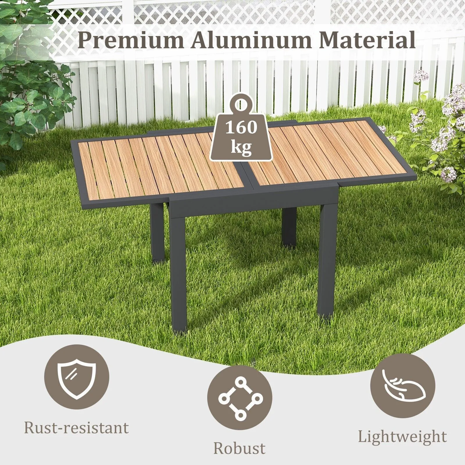 Costway 4-6 People Extendable Patio Dining Table Wood-like Rectangular Aluminum Table in Brown 3
