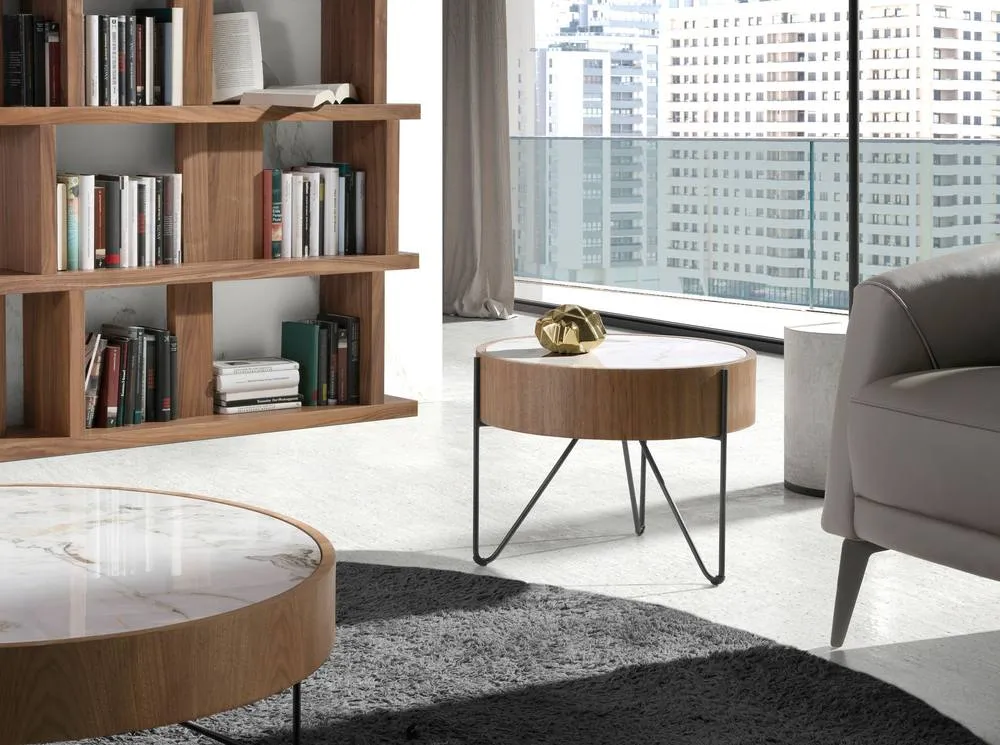 Angel Cerda Round Coffee Table, Porcelain Marble Top, Walnut in Warm White 3