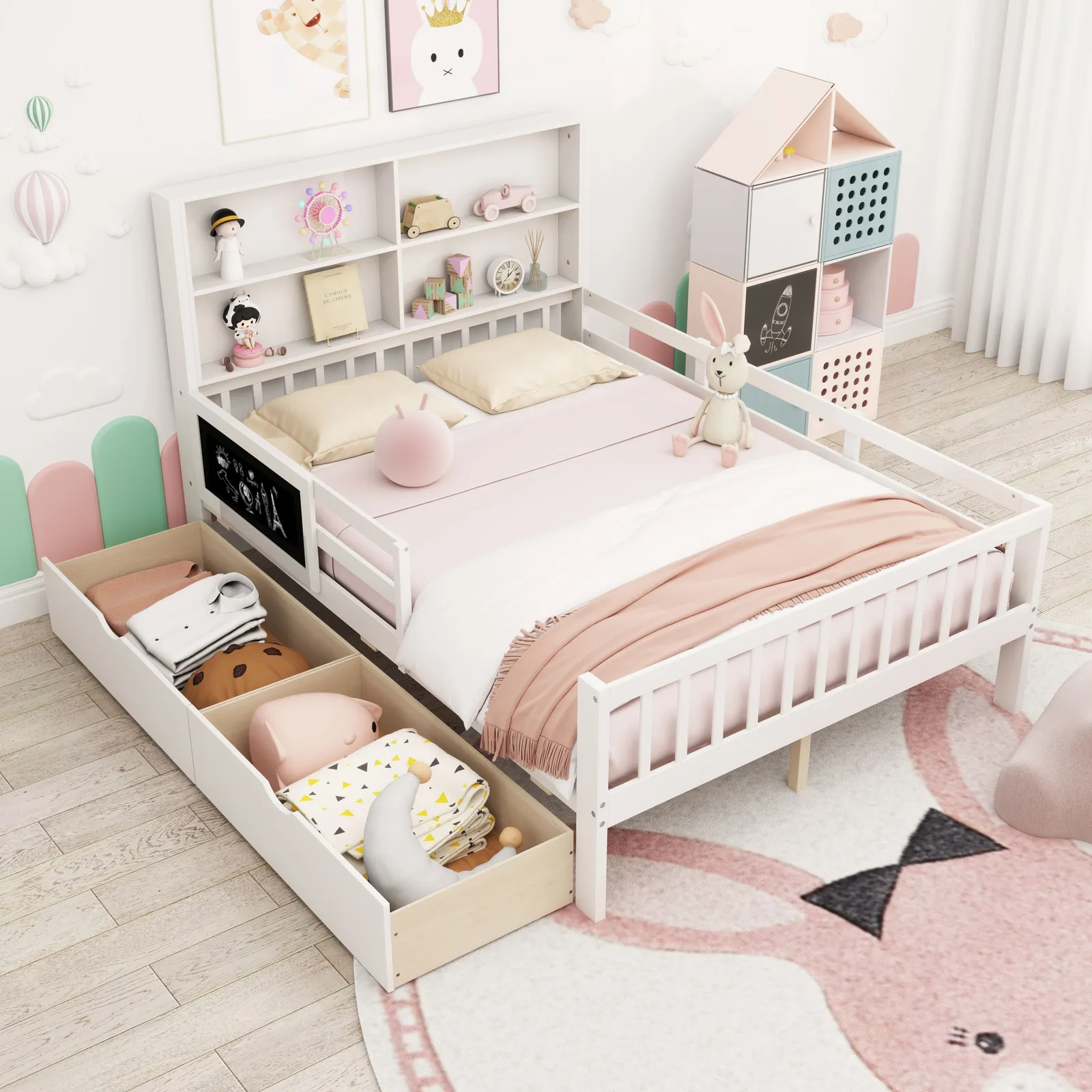 Costway Double Size Bed Frame Solid Wood Platform Bed w/2 Storage Drawers in White 6