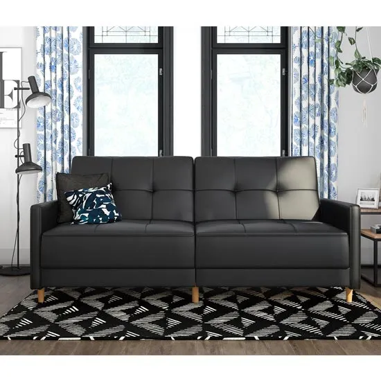 Andora Leather Sprung Sofa Bed In Black With Wooden Legs