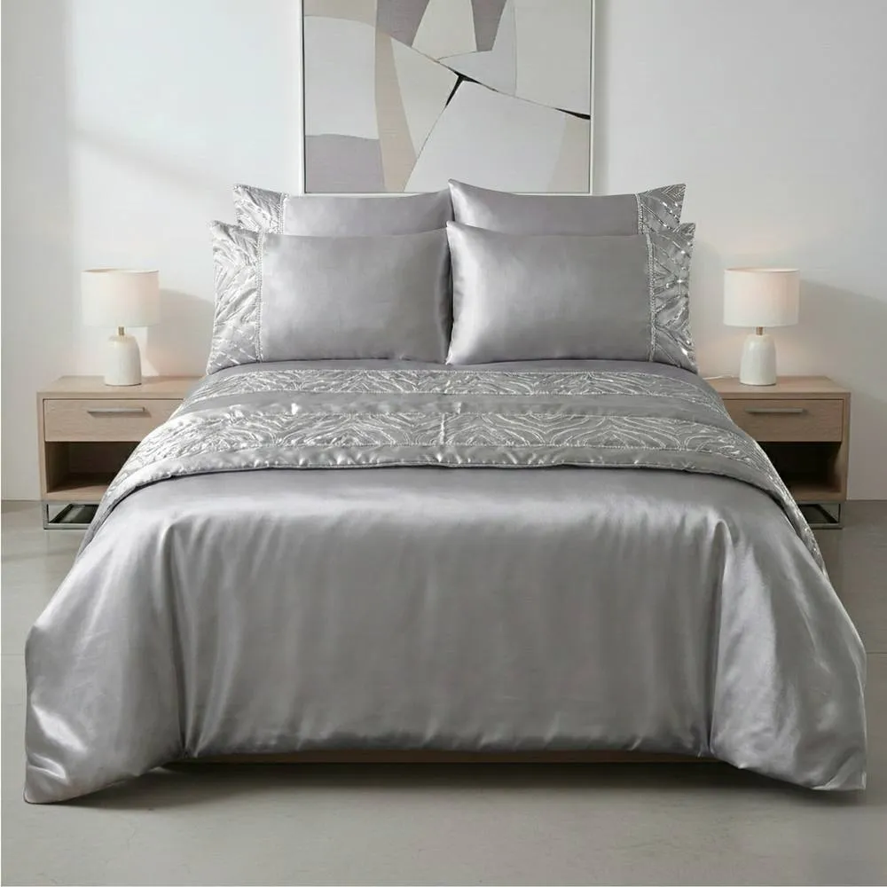 Snug City Shimmer Duvet Cover Set Luxury Bedding with Elegant Metallic Finish in Silver