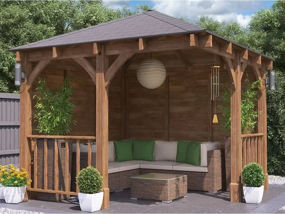 Dunster House Corner Wooden Gazebo with Roof Shingles 3m x 3m - Leviathan in Brown 2