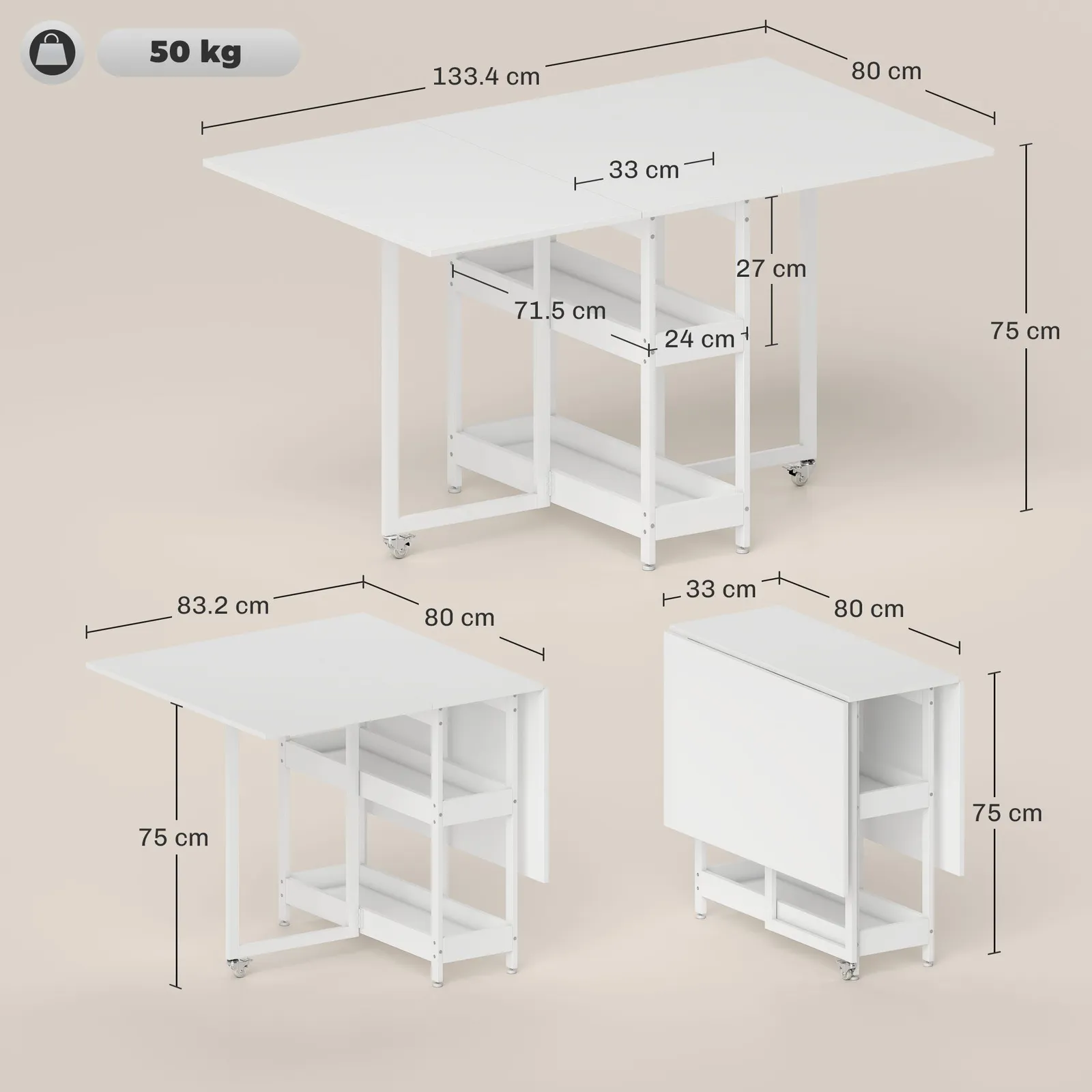 HOMCOM Folding Dining Table, Drop Leaf Table with Open Compartments in White 3