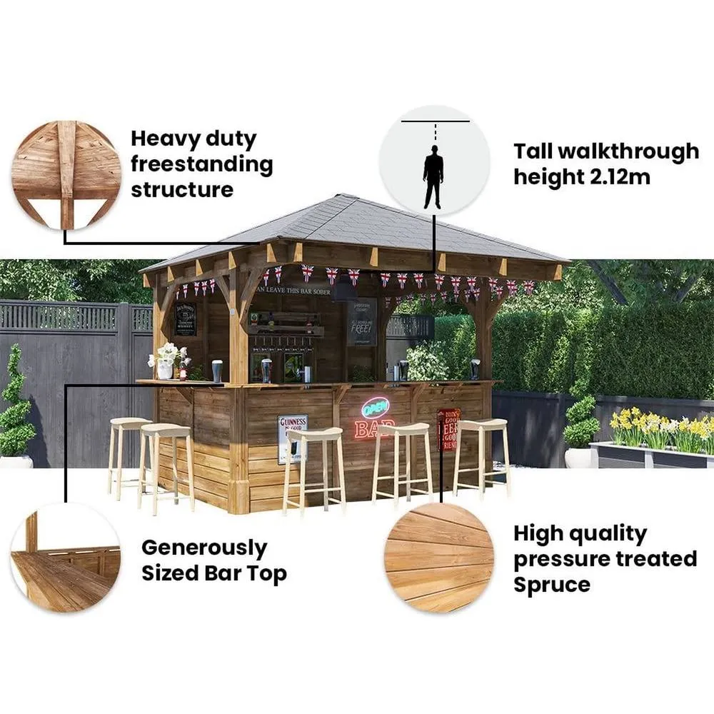 Dunster House Garden Bar 3x3m Wooden Outdoor Pub Shed Black Roof Shingles, Leviathan in Brown 4