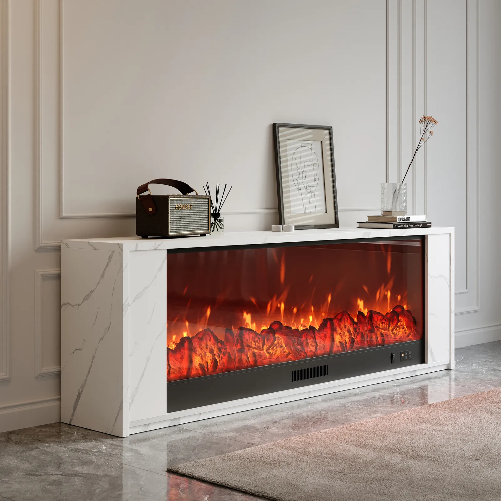 180 cm Modern White Glass Electric Fireplace TV Stand with Remote Control Temperature Adjustable