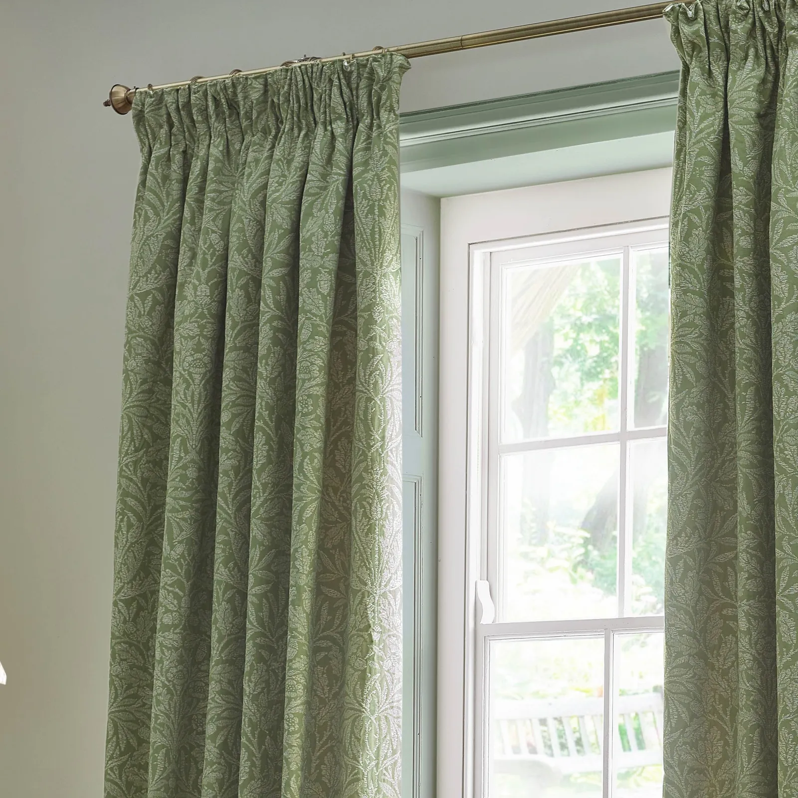 Morris & Co Acorn Tonal Fully Lined Matt Jacquard Pencil Pleat Curtains in Green 3