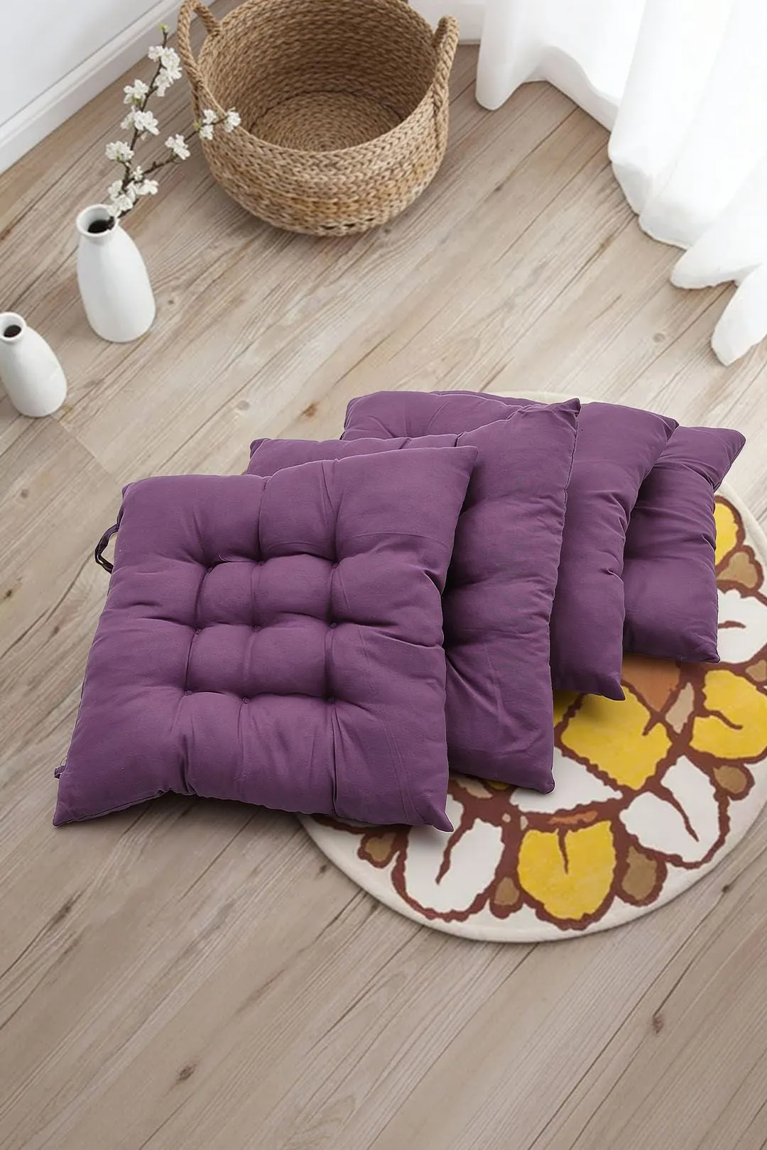 Living and Home 4Pcs Soft Purple Seat Pads with Ties for Dining Chairs Desk Chair, 40 x 40cm