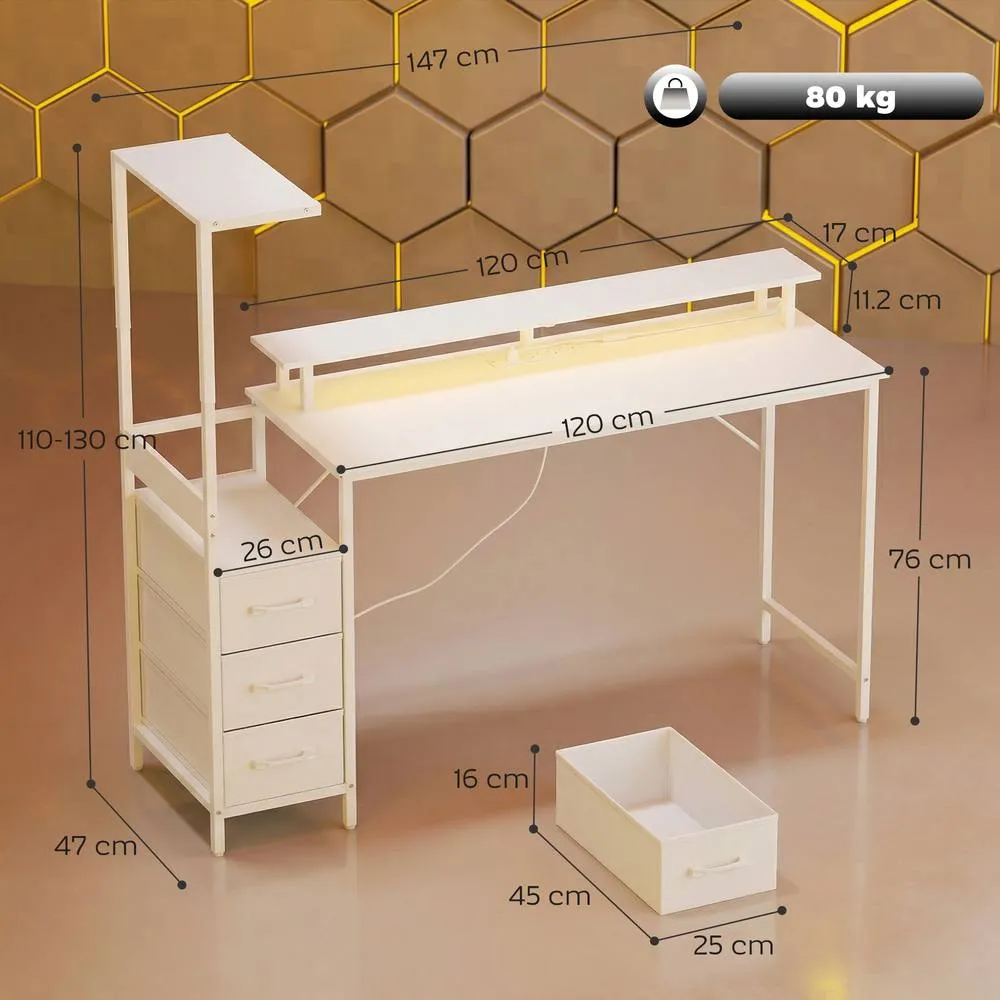 HOMCOM 147cm Gaming Desk with Charging Station & RGB Lights in White 3