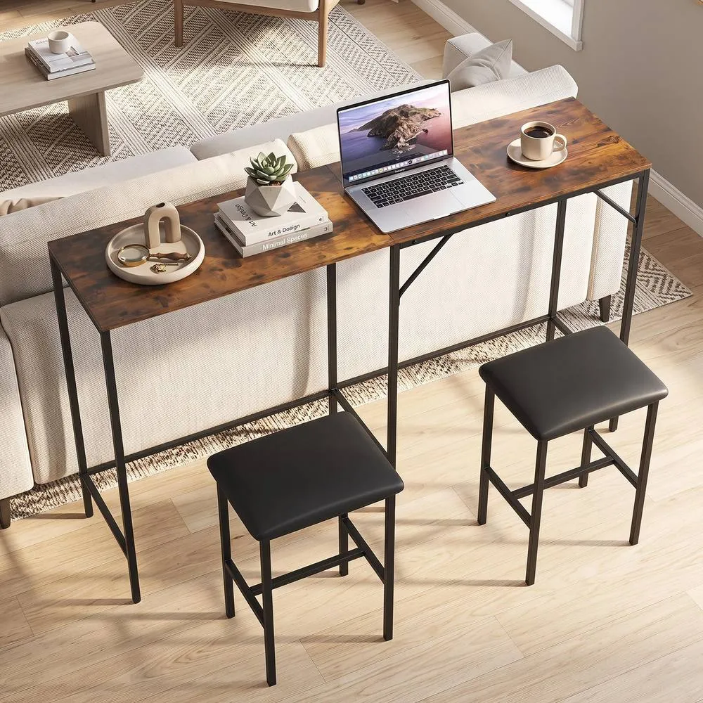Costway 3-Piece Bar Table & Chair Set L-Shaped Table 2 AC Outlets in Brown 4