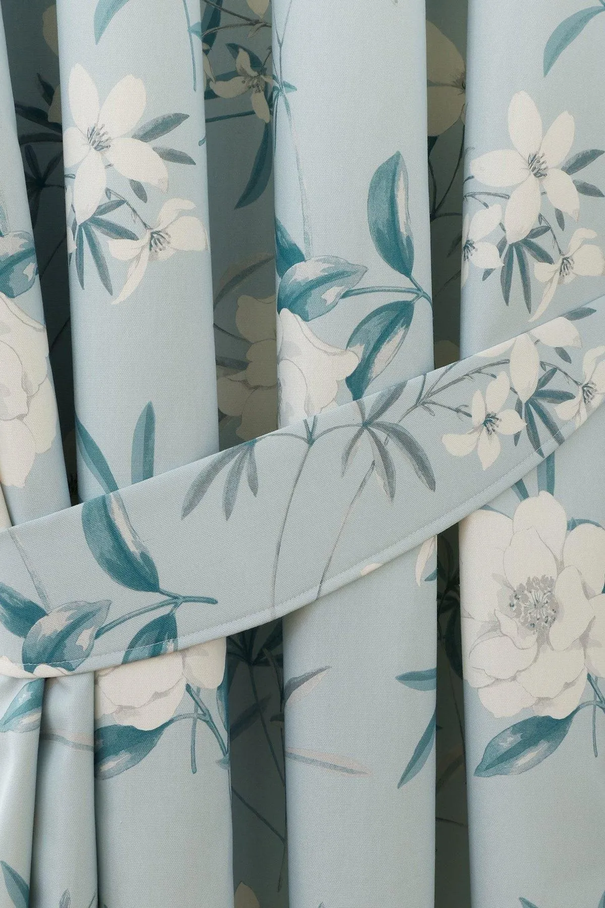 Dreams & Drapes 'Eve' 100% Cotton Floral Pair of Pencil Pleat Curtains With Tie-Backs in Duck Egg Blue 5