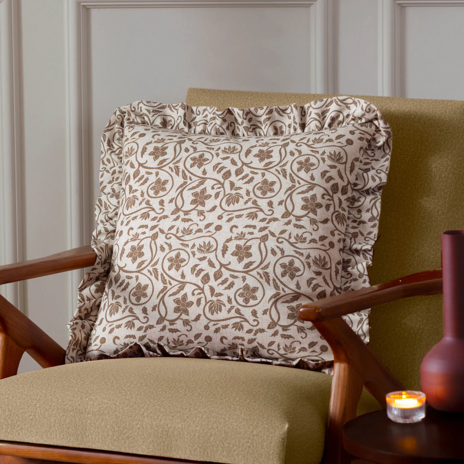 Paoletti Linen Filigree Printed Ruffle Cushion in Olive 1