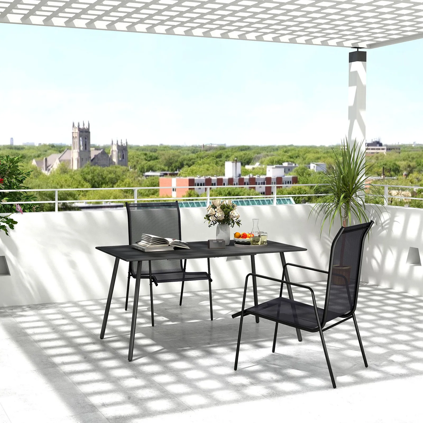 OUTSUNNY Garden Table for 6 Person with Slat Top, Steel Frame, Black
