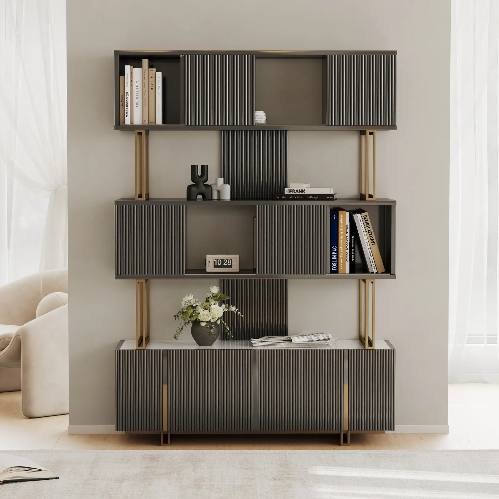 5-Shelf Glossy Black Bookshelf Etagere Tall Bookcase for Home & Office 170 cm